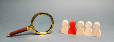 Çalışan ekibi ve büyüteç. İnsanları ara. İşe çekim. İnsan Kaynakları Yönetimi. Işe. Promosyon. Çalışan personel. Işçi. Yetenekli bir işçi. Kafa avcılığı