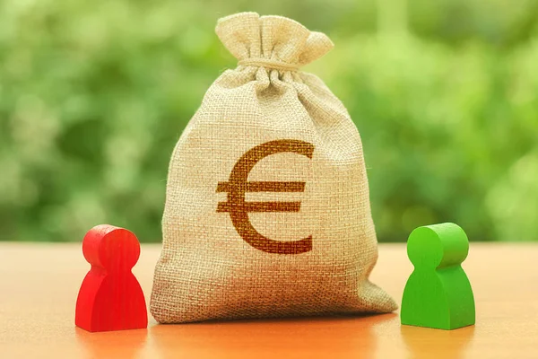 Money bag with Euro money symbol and two people figures. Business Investment and lending, leasing. Dispute solution between two businessmen Opponents. division of property. Business relationship.