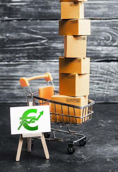 Trading car with boxes and an easel with a green euro symbol. Positive trend. Advertising sale, marketing. Business strategy analysis. Shopping online. Growth and prosperity of the economy, surplus.