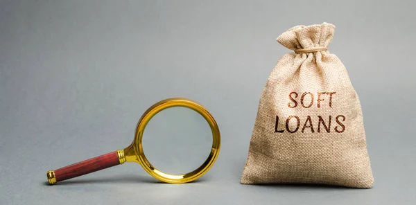 Money bag with the word Soft loans and a magnifying glass. Loan with a below-market rate of interest (soft financing). State support of small, medium businesses. Investing in an infrastructure project