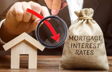 Çanta para ve kelime Mortgage faiz oranları ve ok aşağı ve ev ile. İpotek faizi düşük. Ipotek için faiz ödemelerini azaltmak. Kredi konut oranlarında düşüş. Analysis