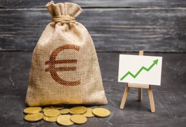 Euro para ve yeşil ok ile çanta grafikte. Başarı, iyi sonuçlar elde etmek. Kar ve gelirleri artırma, sermayeyi artırma ve bir işletmenin verimliliğini artırma kavramı.