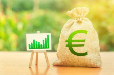 Euro sembolü ve yeşil büyüme trend grafiği ile bir stand ile Para çantası. Kar ve servet ilerler. ücret artışı. Yatırım cazibesi. krediler ve sübvansiyonlar. İş için uygun koşullar.