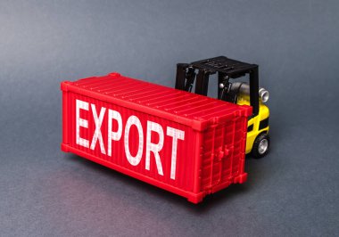 Forklift, Export etiketli kırmızı bir yük konteyneri taşır. mal ve ürünlerin konsept nakliyesi, teslimat, nakliye. Sanayi ve üretim, ticaret dengesi ve dağıtım. Küreselleşme