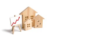 Ahşap evler yukarı kırmızı ok ile standı. Konut ve gayrimenkul için artan talep. Şehrin ve nüfusunun büyümesi. Yatırım. konut veya kira için yükselen fiyatlar kavramı. Afiş