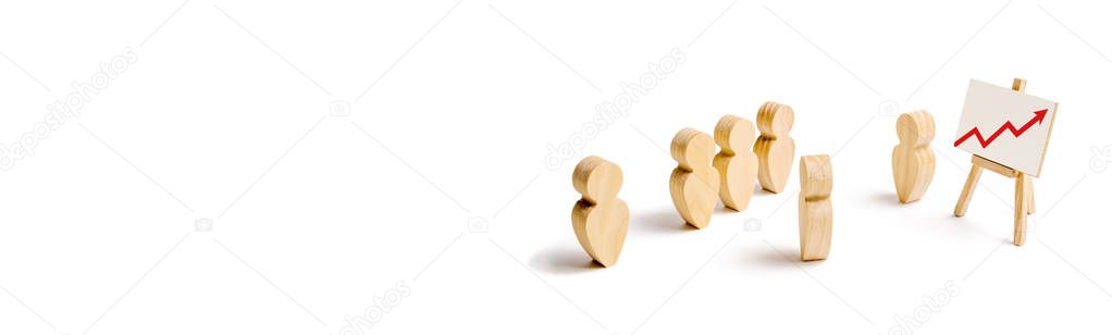 Wooden figures of people stand in the formation and listen to their leader. Business training, briefing and inspirational speech. Employee reports to management. Summing up. Selective focus banner