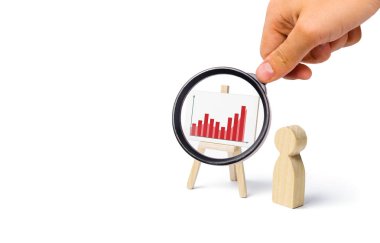 Büyüteç, grafiği olan bir standa ve yanında duran bir kişiye bakıyor. Finansal başarı, başarı. İş raporu, fikir. Özetleme. Analiz, pazar araştırması. İstatistiksel veriler
