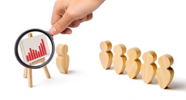 Magnifying glass is looking at the statistics graph. wooden figures of people stand in the formation and listen to their leader. Business training, briefing and inspirational speech. Summing up