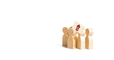 A crowd of figures of workers with a poster are standing and demand a salary increase. Delay in salary, bankruptcy of pre-company. Furious crowd demands to pay off wage arrears.