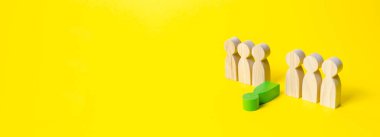 The figure of a green man falls out of a number of people on a yellow background. The concept of a toxic employee in the team. Poisoning. Weak link, disease or injury. Layoffs staff reductions. Banner