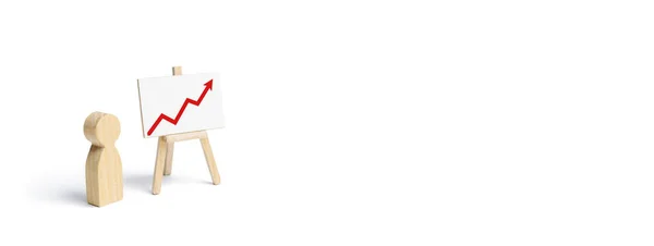 Eine Person steht in der Nähe einer Karte mit einem roten Pfeil nach oben. Finanzielle Erfolge und Erfolge. Geschäftsbericht und Idee. zusammenfassend. Analyse und Marktforschung. Ausbildung in Ökonomie. Banner — Stockfoto