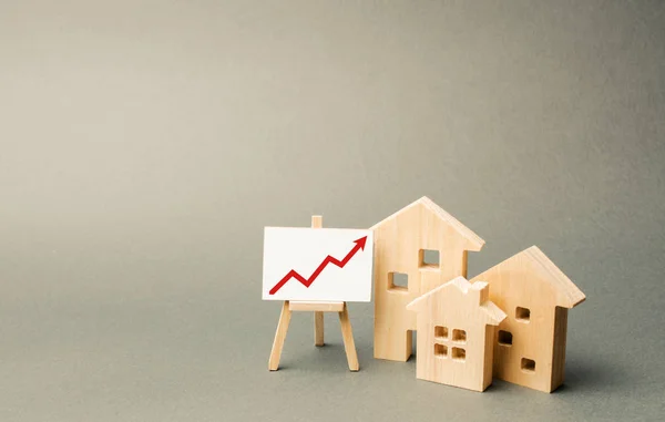 Drei Holzhäuser und ein roter Pfeil auf dem Schild. Wertsteigerung von Immobilien. Hohe Bauraten, hohe Liquidität. Angebot und Nachfrage. Steigende Preise für Wohnraum, Instandhaltung von Gebäuden. — Stockfoto