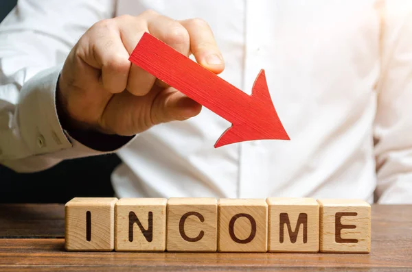 A businessman is holding a red down over the words income. Fall profits, high costs and corpor pressure. unfavorable business climate and Low business income. Low liquidity. Ineffective management — Stock Photo, Image