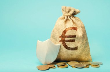 Euro sembolü ve koruma kalkanı ile Çanta. Paranın konsept güvenliği, garantili depozitolar. Müşteri haklarının korunması. Enflasyondaki kayıpların telafisi, korunan yatırım sermayesi.