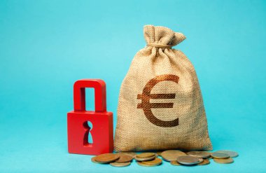 Para çantası ve kırmızı kilit. Finansal riskler sigorta konsepti. Para yatırımı garantisi ve tasarrufu. İstikrar. Depozito, kredi, ipotek. İş ve Finans. Sigorta Piyasa Hizmetleri. Euro