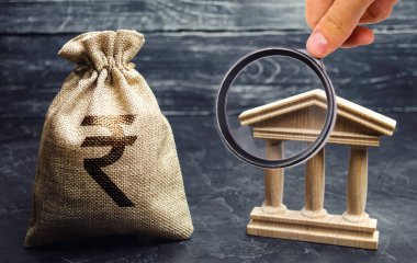 İçinde Hint Rupisi (rupiah) ve hükümet binası olan bir çanta. Para iadesi. Depozitolar, yatırım ve kredi. Bağışlar ve sübvansiyonlar. Vergi ödemesi. Kredi dilimleri ve kira sözleşmeleri. Borç ödemesi. Banka.