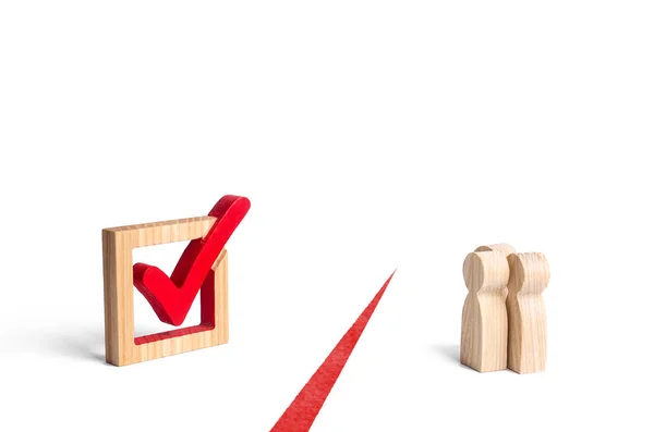 The figures of people and the check mark vote tick are separated by a red line. Denial of opposition and voters to fair elections, restriction of democratic rights. Dictatorship and lack of choice. — Stock Photo, Image