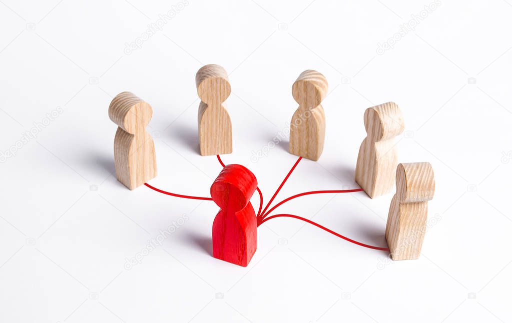 The red human figure is connected by lines with five persons. Business management. Spreading rumors. Leadership, teamwork. Cooperation and collaboration. Shares experiences and information.