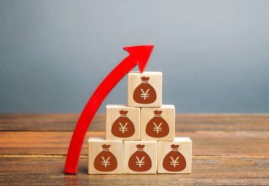 Tahta bloklar ve yukarı ok üzerinde Yuan sembolü olan para torbaları. Başarılı iş kavramı. Karı ve sermayeyi arttır. Bütçe ve Gelir Büyümesi.
