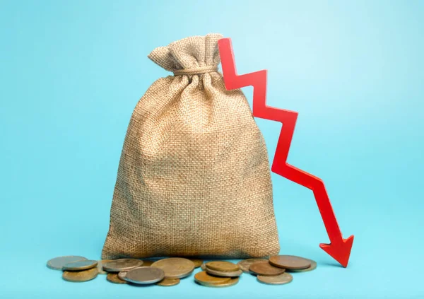 Pengar Väska Och Röd Pil Ner Ekonomiska Svårigheter Stagnation Sjunkande — Stockfoto