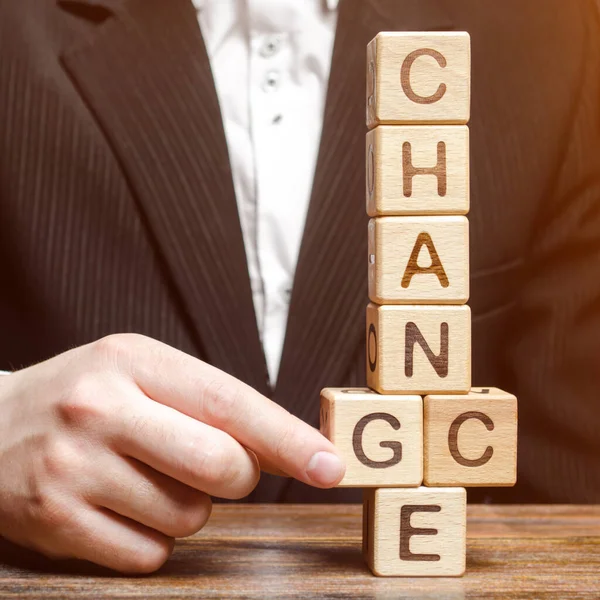 Businessman Points Wooden Blocks Word Change Chance Personal Development Career — Stock Photo, Image