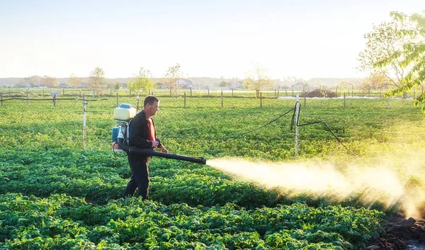 Seorang Petani Menaburkan Tanaman Kentang Dengan Bahan Kimia Antijamur Gunakan — Stok Foto
