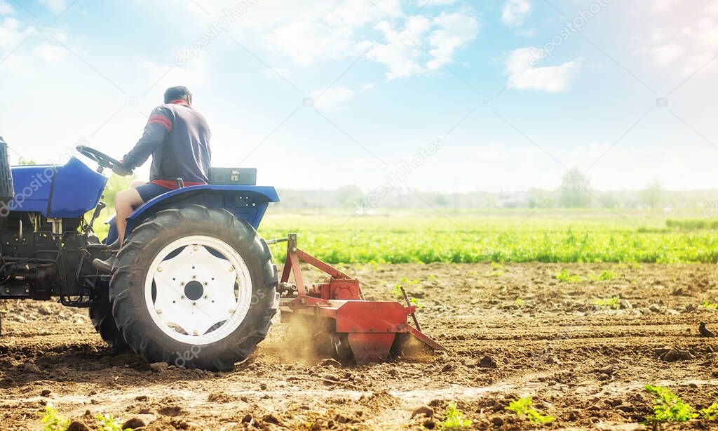 Farmer on a tractor cultivates a farm field. Work on preparing the soil for a new sowing of seeds of agricultural crops. Soil milling, crumbling and mixing. Grinding and loosening. Farming