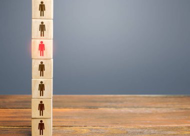 Kırmızı bir adam, bloklardan oluşan bir kulede sıra sıra bekleyen bir sürü insandan sıyrılıyor. Lider, liderlik yetenekleri. Profesyonel uzmanlarla boş yerlerin doldurulması. Personel alımı. Yetenekli özel çalışan.