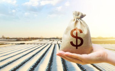 Bir el, tarlada beyaz iplik iplikçiklerinin arka planında bir dolar para çantası tutuyor. Çiftçilere ve tarım şirketlerine borç vermek. Destek ve sübvansiyon. Kolordu için koruyucu kaplama.