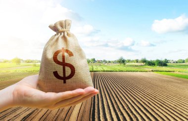 Bir el, tarlanın arka planında bir dolar para çantası tutuyor. Toprak ve tohum materyali, ekipman modernizasyonu desteği ve sübvansiyonları satın almak için çiftçilere ve tarım kuruluşlarına borç vermek.