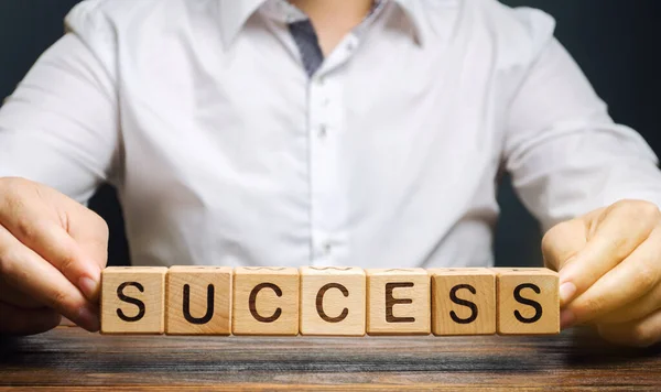 Wooden Blocks Word Success Businessman Successful Business Concept Achieving Goal — Stock Photo, Image