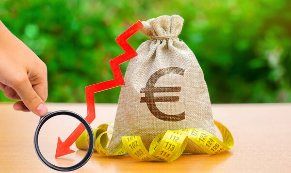 Сумка с деньгами и рулетка со стрелкой вниз. Падение заработной платы и благосостояния. Низкая прибыль и ликвидность инвестиций. Концепция банкротства. Плохая расплата. Отток капитала. Евро