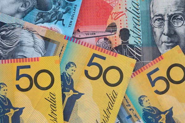 Odgórny Obraz Waluty Australijskiej Tym Dziesięciu Dwudziestu Fift Banknotów Dolarowych — Zdjęcie stockowe