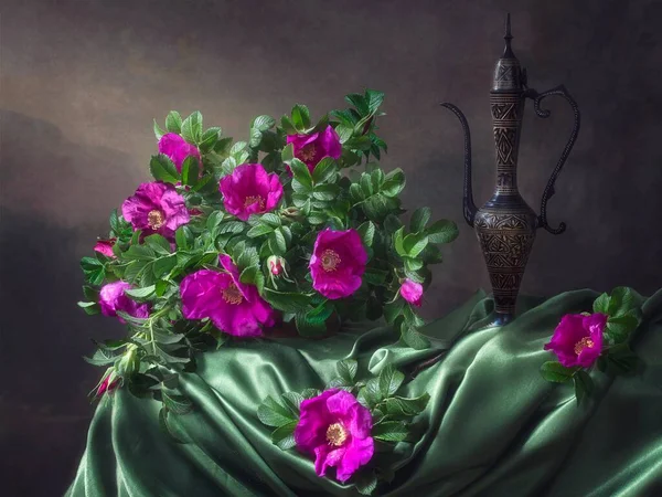Natura Morta Con Rose Cane Magenta — Foto Stock