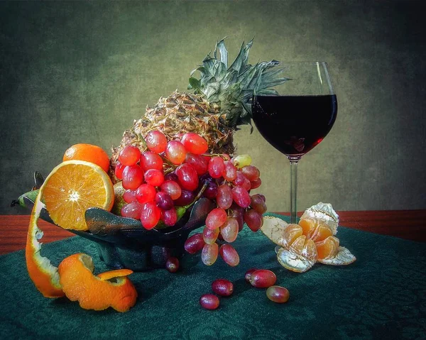 Nature Morte Avec Vin Vase Fruits — Photo