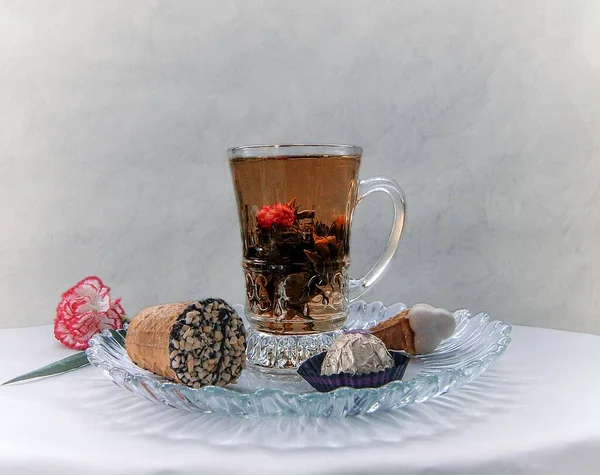 Still Life Cup Tea Gunpowder Sweets — Stock Photo, Image