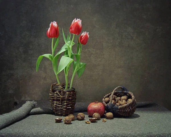 Bodegón Con Tulipanes Nueces — Foto de Stock