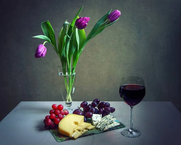 Nature Morte Avec Assiette Fromages Verre Vin Rouge — Photo