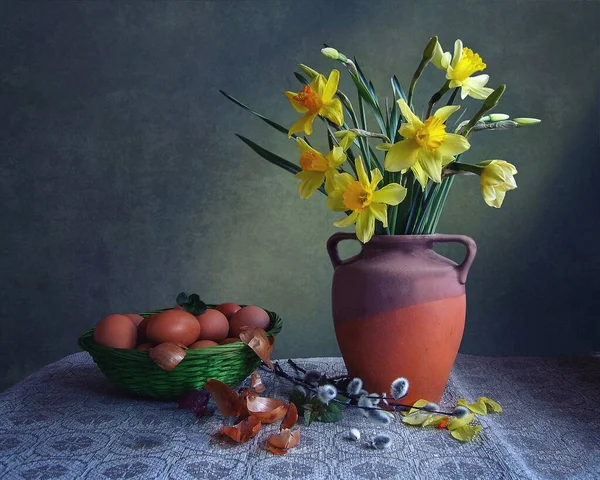 Pâques Nature Morte Avec Bouquet Pissenlits Jaunes — Photo