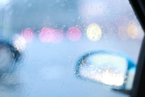 Bokeh Illumination Fires Night City Glass Car Rain Drops Rain — Stock Photo, Image