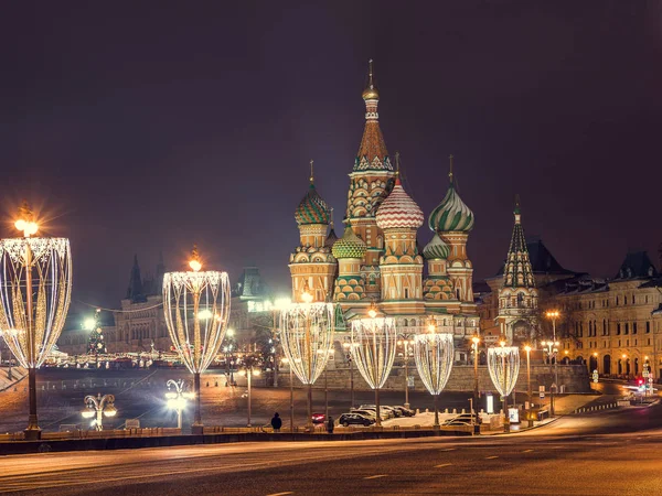 Basil Cathedral Night Illumimnationin Winter Moscow Christmas 2018 — Stock Photo, Image