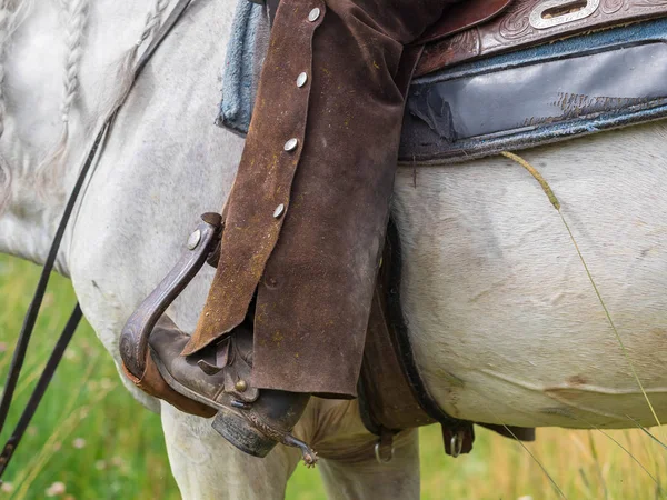 Cowboy Sitting White Western Horse Boots Chaps Details — Stock Photo, Image