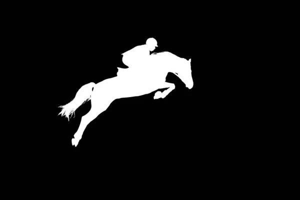 Le cavalier sur un cheval sautant à travers une haute barrière . — Photo
