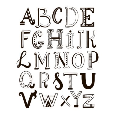 Elle çizilmiş yazı alfabesi. Vektör çizim