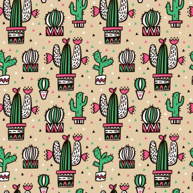 Doodle kaktüs seamless modeli. Renkli vektör çizim