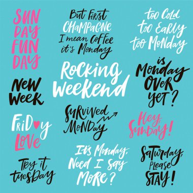 Haftalık el yazısı tırnak. Vektör yazı kompozisyonlar. Takvim ve sosyal medya için ideal