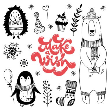 Noel hayvanlarla ayarla bir dilek tut. Tebrik kartı, kompozisyon yazı. Parmak izi veya sosyal medya için mükemmel