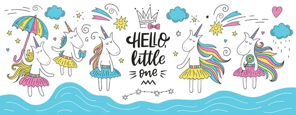 Cute Doodle Unicorn Set Hello Little One Lettering Vector Illustration — Stock Vector