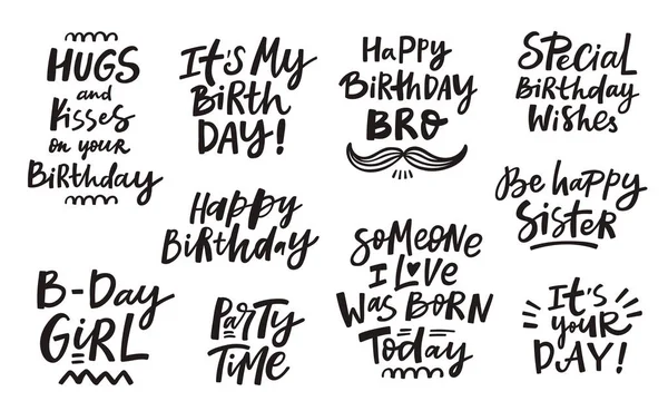 Happy Birthday Handdrawn Lettering Set Perfect Prints Social Media — Stock Vector