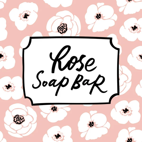 Handmade Rose Soap Bar Label Handdrawn Lettering Floral Seamless Pattern — Stock Vector